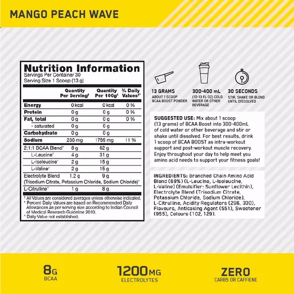 Optimum Nutrition BCAA Boost Mango Peach 30 Serves Brasil | WR5609418