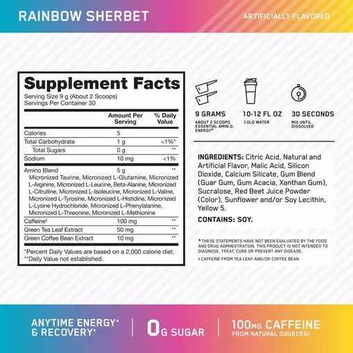 Optimum Nutrition ESSENTIAL AMIN.O. ENERGY® *new* Rainbow Sherbet - Notify Me 0.6 lb - Notify me Brasil | MK1395874