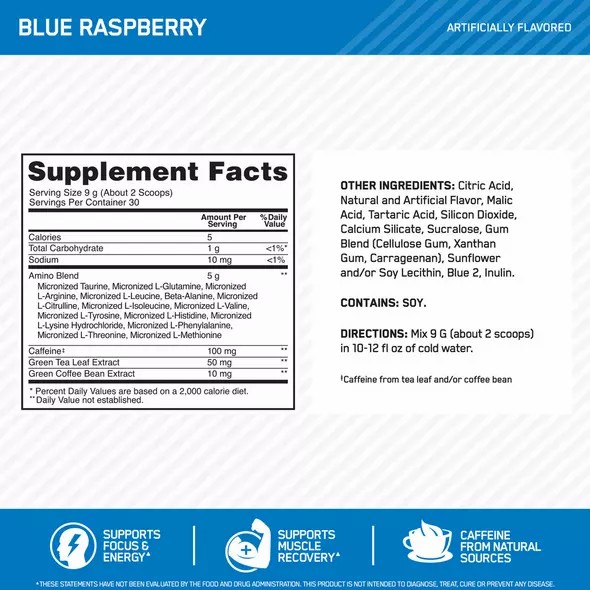 Optimum Nutrition ESSENTIAL AMIN.O. ENERGY® Blue Raspberry 0.6 lb (30 Servings) Brasil | DX5341920