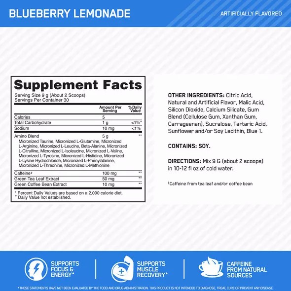 Optimum Nutrition ESSENTIAL AMIN.O. ENERGY® Blueberry Lemonade 0.6 lb (30 Servings) Brasil | CF7690124