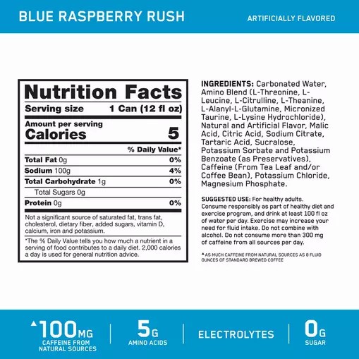 Optimum Nutrition ESSENTIAL AMIN.O. ENERGY+ Electrolytes Sparkling *new* Blue Raspberry Rush 355ml * 12 Cans (12 Servings) Brasil | JV4806123