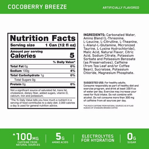 Optimum Nutrition ESSENTIAL AMIN.O. ENERGY+ Electrolytes Sparkling *new* Cocoberry Breeze 355ml * 12 Cans (12 Servings) Brasil | QM4352967