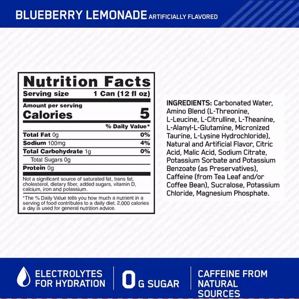 Optimum Nutrition ESSENTIAL AMIN.O. ENERGY+ Electrolytes Sparkling Blueberry Lemonade 355ml * 12 Cans (12 Servings) Brasil | DH4930657