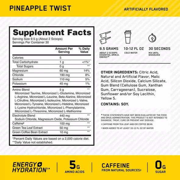 Optimum Nutrition Essential AMIN.O. ENERGY + Electrolytes Pineapple Twist 0.63 lb (30 Servings) Brasil | NX1329507