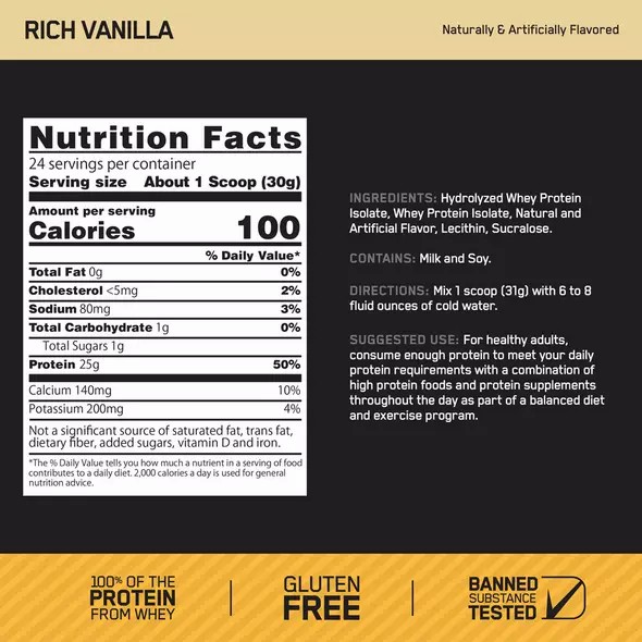 Optimum Nutrition GOLD STANDARD® 100% Isolate Rich Vanilla 2.91 lb (44 Servings) Brasil | RF1843925