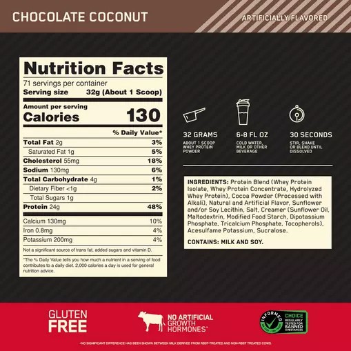 Optimum Nutrition GOLD STANDARD 100% WHEY™ Chocolate Coconut 5 lb (71 Servings) Brasil | EH4328059