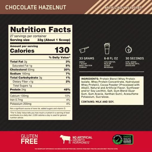 Optimum Nutrition GOLD STANDARD 100% WHEY™ Chocolate Hazelnut 2 lb (27 Servings) Brasil | SJ4206371