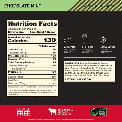 Optimum Nutrition GOLD STANDARD 100% WHEY™ Chocolate Mint 5 lb (70 Servings) Brasil | HA6280193