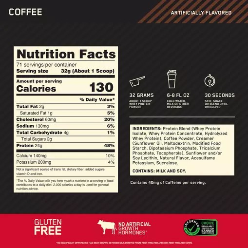 Optimum Nutrition GOLD STANDARD 100% WHEY™ Coffee 5 lb (71 Servings) Brasil | IA6340781