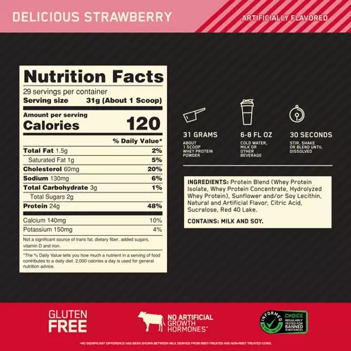 Optimum Nutrition GOLD STANDARD 100% WHEY™ Delicious Strawberry 2 lb (29 Servings) Brasil | BP9317852