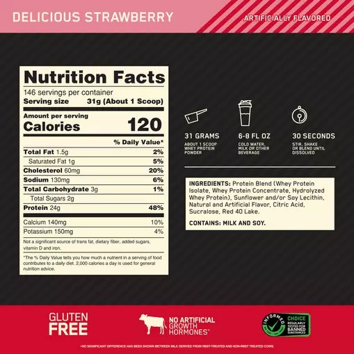 Optimum Nutrition GOLD STANDARD 100% WHEY™ Delicious Strawberry 10 lb (146 Servings) Brasil | XM1792648