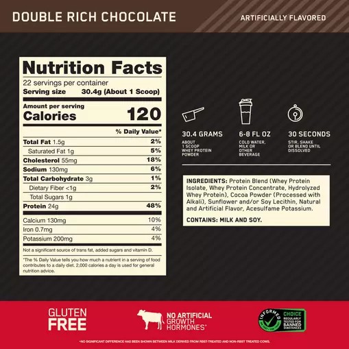 Optimum Nutrition GOLD STANDARD 100% WHEY™ Double Rich Chocolate 1.5 lb (22 Servings) Brasil | GJ0862931