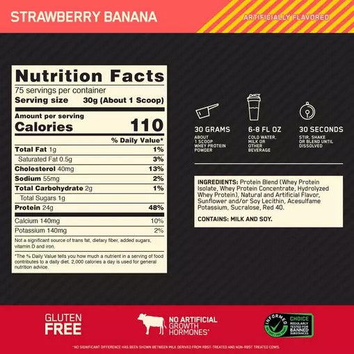 Optimum Nutrition GOLD STANDARD 100% WHEY™ Strawberry Banana 5 lb (75 Servings) Brasil | PF1456329