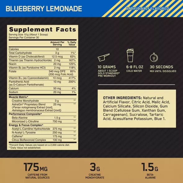 Optimum Nutrition GOLD STANDARD® Pre-Workout Blueberry Lemonade 0.66 lb (30 Servings) Brasil | CT1960358