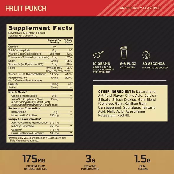 Optimum Nutrition GOLD STANDARD® Pre-Workout Fruit Punch 0.66 lb (30 Servings) Brasil | IQ7940562