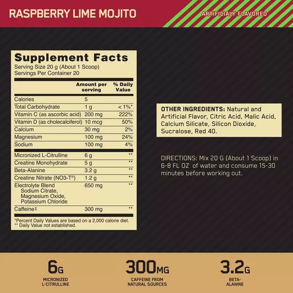 Optimum Nutrition GOLD STANDARD® Pre Advanced Raspberry Lime Mojito 0.88 lb (20 Servings) Brasil | ER8463097