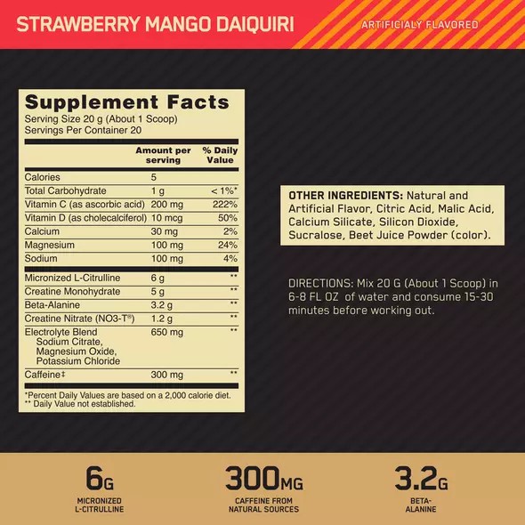 Optimum Nutrition GOLD STANDARD® Pre Advanced Strawberry Mango Daiquiri 0.88 lb (20 Servings) Brasil | SH9078356