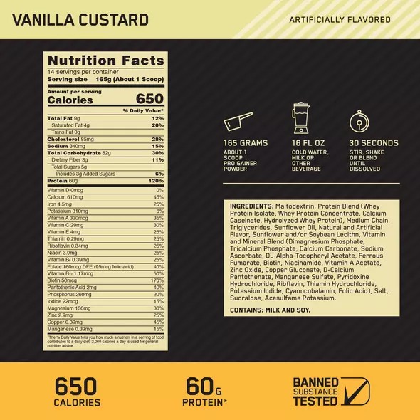 Optimum Nutrition GOLD STANDARD® Pro Gainer Vanilla Custard 5.09 lb (14 Servings) Brasil | NB8043756