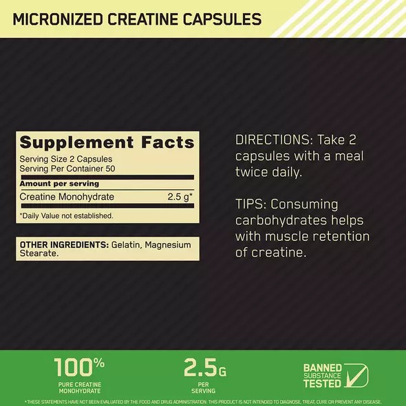 Optimum Nutrition Micronized Creatine Capsules 100 Capsules (50 Servings) Brasil | DQ8374590