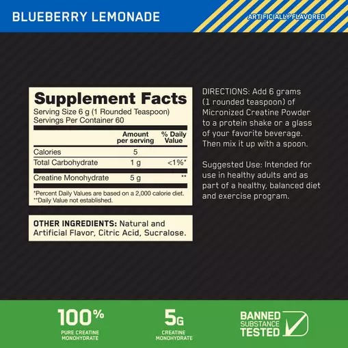 Optimum Nutrition Micronized Creatine Powder Blueberry Lemonade 0.79 lb (60 Servings) Brasil | AJ1642978