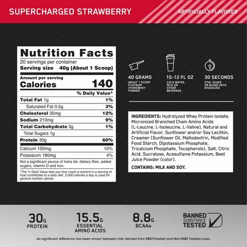 Optimum Nutrition PLATINUM HYDROWHEY™ Supercharged Strawberry 1.76 lb (20 Servings) Brasil | GY4095283