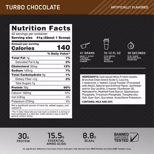 Optimum Nutrition PLATINUM HYDROWHEY™ Turbo Chocolate 3.61 lb (40 Servings) Brasil | DO9271843