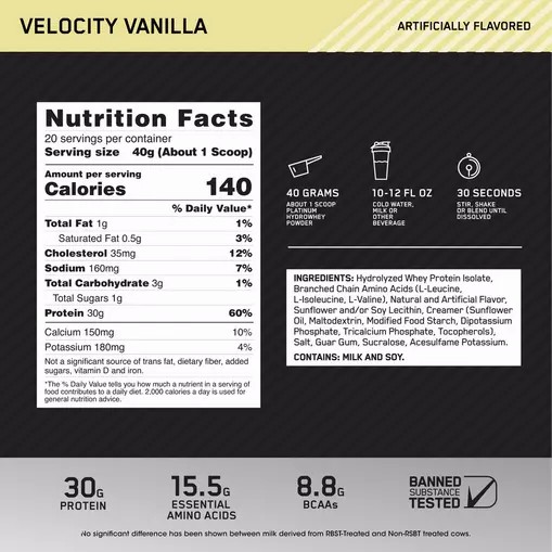 Optimum Nutrition PLATINUM HYDROWHEY™ Velocity Vanilla 1.76 lb (20 Servings) Brasil | SP3165980