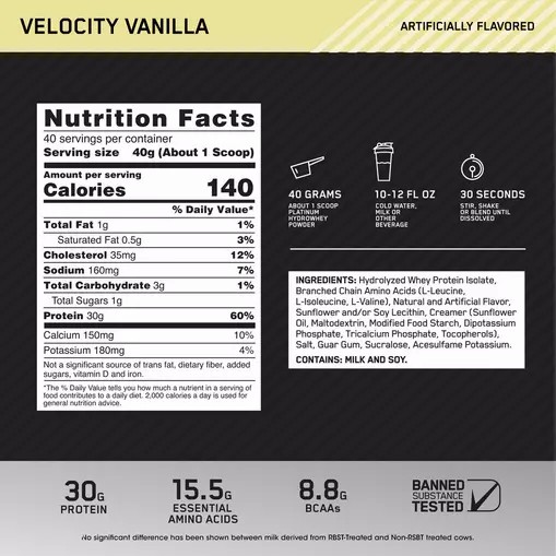 Optimum Nutrition PLATINUM HYDROWHEY™ Velocity Vanilla 3.52 lb (40 Servings) Brasil | VN4720583