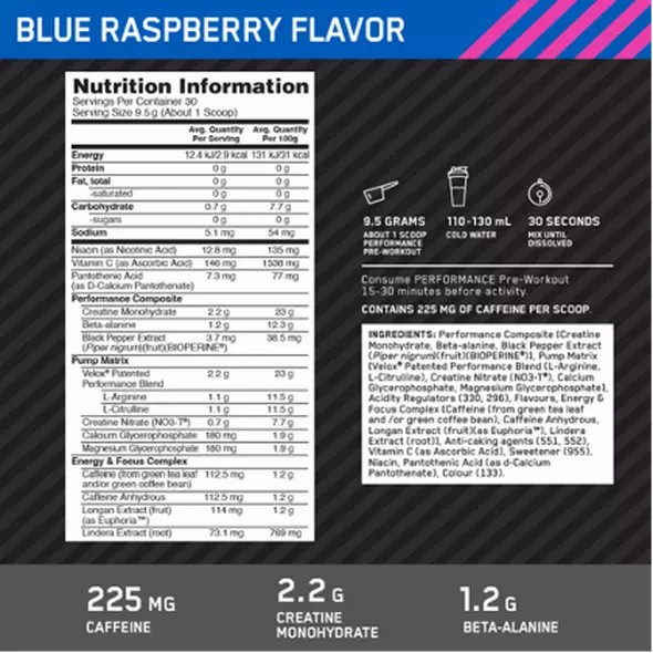 Optimum Nutrition Performance Pre-Workout Blue Raspberry 285g Brasil | JZ9168074