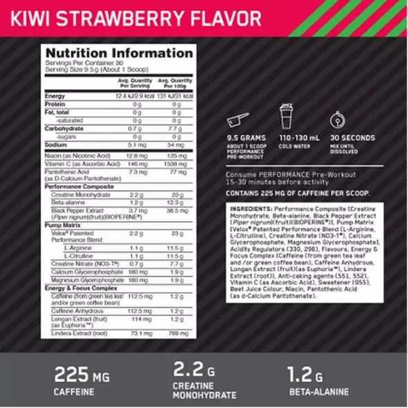 Optimum Nutrition Performance Pre-Workout Kiwi Strawberry 285g Brasil | QR8760491