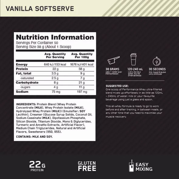 Optimum Nutrition Performance Whey Vanilla 1.95kg Brasil | NO4362870