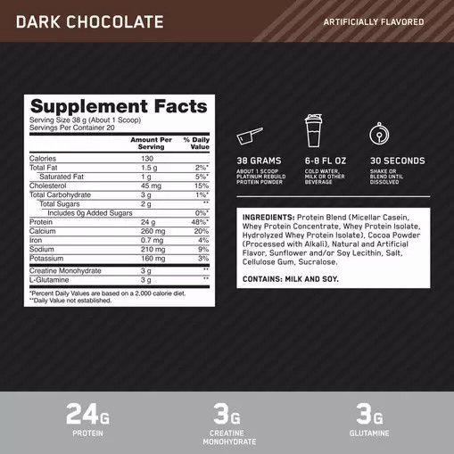 Optimum Nutrition Platinum Rebuild Dark Chocolate 1.67 lb (20 Servings) Brasil | LD5671930