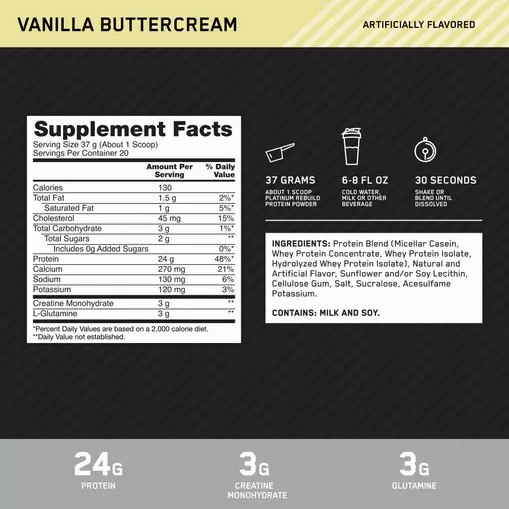 Optimum Nutrition Platinum Rebuild Vanilla Buttercream 1.63 lb (20 Servings) Brasil | KB2063591