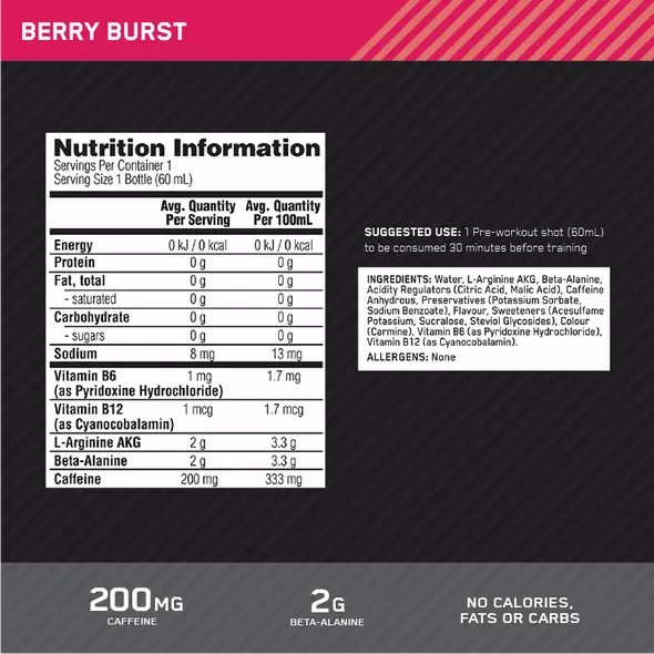 Optimum Nutrition Pure Pre 200 Pre-Workout Shot Berry 60ml (12 shots) Brasil | LR3807269