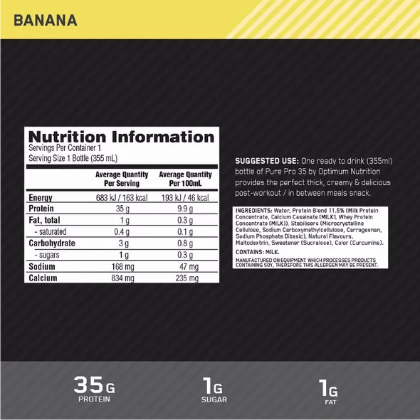 Optimum Nutrition Pure Pro 35 Banana 355ml (6 bottles) Brasil | NK6048139