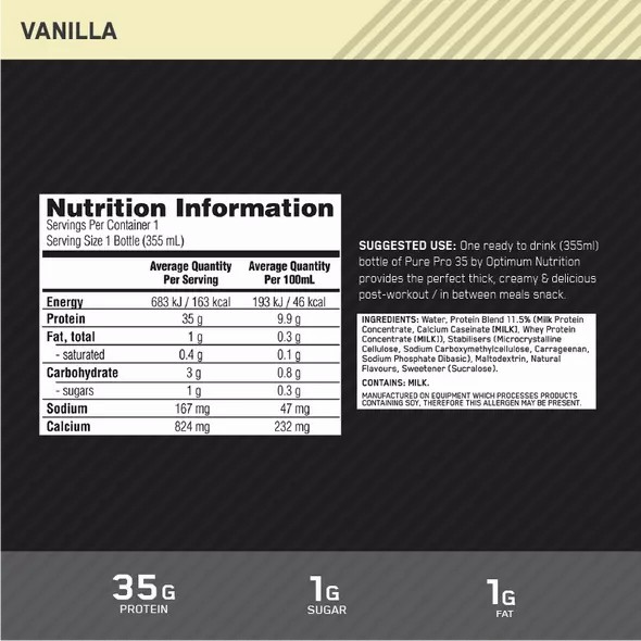 Optimum Nutrition Pure Pro 35 Vanilla 355ml (6 bottles) Brasil | AN7986052