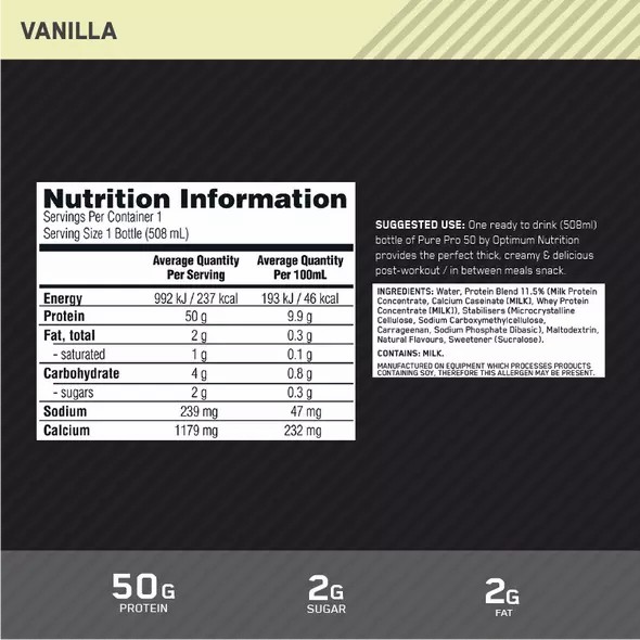 Optimum Nutrition Pure Pro 50 Vanilla 508ml (12 bottles) Brasil | UK3209748